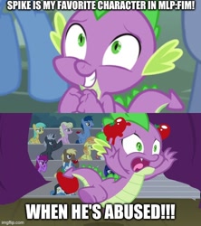 Size: 500x562 | Tagged: safe, edit, edited screencap, imported from ponybooru, screencap, spike, dragon, horse play, it ain't easy being breezies, abuse, food, funny, male, spikeabuse, spikeposting, stage, tomato, tomatoes