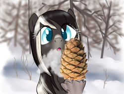 Size: 896x683 | Tagged: safe, artist:anonymous, imported from derpibooru, oc, oc only, oc:pine ponder, pony, breath, female, food, forest, looking at something, mare, pinecone, snow, snow mare, snowpony (species), solo, taiga pony, yakutian horse