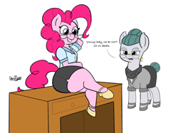 Size: 3499x2623 | Tagged: safe, artist:datzigga, imported from derpibooru, cloudy quartz, pinkie pie, earth pony, pony, semi-anthro, clothes, crossed legs, desk, female, glasses, heels on a horse, high heels, high res, mother and child, mother and daughter, pencil skirt, shoes, skirt