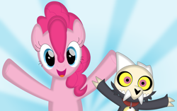 Size: 3543x2230 | Tagged: safe, artist:porygon2z, imported from derpibooru, pinkie pie, earth pony, pony, bipedal, broken horn, collar, crossover, duo, female, friendshipping, high res, horn, king (the owl house), king clawthorne, male, movie accurate, open mouth, pet tag, skull, the owl house, titan