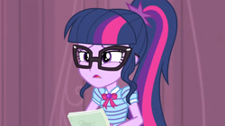 Size: 3410x1920 | Tagged: safe, imported from derpibooru, screencap, sci-twi, twilight sparkle, equestria girls, equestria girls series, stressed in show, bowtie, female, geode of telekinesis, glasses, jewelry, magical geodes, necklace, open mouth, ponytail, solo