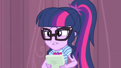 Size: 3410x1920 | Tagged: safe, imported from derpibooru, screencap, sci-twi, twilight sparkle, equestria girls, equestria girls series, stressed in show, bowtie, female, geode of telekinesis, glasses, jewelry, lip bite, magical geodes, necklace, ponytail, solo
