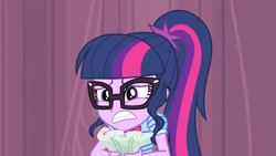 Size: 3410x1920 | Tagged: safe, imported from derpibooru, screencap, sci-twi, twilight sparkle, equestria girls, equestria girls series, stressed in show, bowtie, female, geode of telekinesis, glasses, jewelry, magical geodes, necklace, ponytail, solo