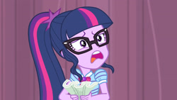 Size: 3410x1920 | Tagged: safe, imported from derpibooru, screencap, sci-twi, twilight sparkle, equestria girls, equestria girls series, stressed in show, bowtie, female, frown, geode of telekinesis, glasses, high res, jewelry, magical geodes, mawshot, necklace, open mouth, ponytail, solo, volumetric mouth