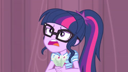 Size: 3410x1920 | Tagged: safe, imported from derpibooru, screencap, sci-twi, twilight sparkle, equestria girls, equestria girls series, stressed in show, bowtie, female, glasses, mawshot, open mouth, ponytail, solo, volumetric mouth