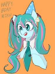 Size: 768x1024 | Tagged: safe, artist:metaruscarlet, imported from derpibooru, kotobukiya, earth pony, pony, anime, birthday, birthday cake, cake, cute, ear piercing, earring, female, food, hat, hatsune miku, headset, jewelry, kotobukiya hatsune miku pony, mare, necktie, open mouth, orange background, party hat, piercing, ponified, simple background, solo, vocaloid