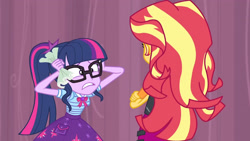 Size: 3410x1920 | Tagged: safe, imported from derpibooru, screencap, sci-twi, sunset shimmer, twilight sparkle, equestria girls, equestria girls series, stressed in show, bowtie, clothes, cutie mark, cutie mark on clothes, female, geode of telekinesis, glasses, jacket, jewelry, leather, leather jacket, magical geodes, necklace, ponytail