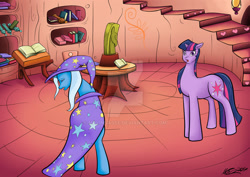 Size: 1280x906 | Tagged: safe, artist:malinsasse, imported from derpibooru, trixie, twilight sparkle, pony, unicorn, deviantart watermark, eyes closed, golden oaks library, obtrusive watermark, sad, small head, watermark