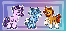 Size: 790x373 | Tagged: safe, artist:ponylove121, imported from derpibooru, starlight glimmer, sunburst, trixie, pony, unicorn, alternate design, blaze (coat marking), cloven hooves, coat markings, eyebrows, facial markings, leonine tail, missing cutie mark, pinto, socks (coat markings)