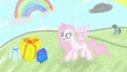 Size: 1280x720 | Tagged: safe, artist:theflint44, derpibooru exclusive, imported from derpibooru, oc, oc:flintie, oc:the little pony, alicorn, pony, unicorn, fanfic:a little pony's story, cloud, crepuscular rays, dark clouds, fanfic, fanfic art, fanfic cover, gift box, grass, grass field, present, rainbow, sun, sun ray