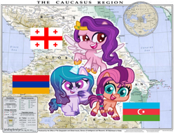 Size: 1208x916 | Tagged: safe, imported from derpibooru, izzy moonbow, pipp petals, sunny starscout, earth pony, pegasus, pony, unicorn, armenia, azerbaijan, eqg flag-tag meme, g5, g5 to g4.5, georgia (country), map, transcaucasia