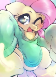 Size: 736x1024 | Tagged: safe, artist:kurogewapony, imported from derpibooru, fluttershy, pegasus, pony, blushing, close-up, clothes, cute, daaaaaaaaaaaw, female, happy, mare, one eye closed, open mouth, open smile, oversized clothes, shyabetes, simple background, smiling, solo, sweater, sweatershy, wink