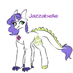 Size: 525x524 | Tagged: safe, artist:midnight-splash, imported from derpibooru, oc, oc only, oc:jazzabelle, dracony, dragon, hybrid, pony, unicorn, claws, gem, horn, interspecies offspring, offspring, parent:rarity, parent:spike, parents:sparity, simple background, slit eyes, slit pupils, solo, white background