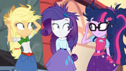 Size: 3410x1920 | Tagged: safe, imported from derpibooru, screencap, applejack, rarity, sci-twi, twilight sparkle, equestria girls, movie magic, spoiler:eqg specials, applejack's hat, belt, clothes, cowboy hat, cutie mark, cutie mark on clothes, denim skirt, female, geode of telekinesis, glasses, hairpin, hat, high res, jewelry, looking at each other, magical geodes, messy hair, necklace, ponytail, skirt