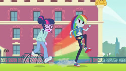 Size: 3410x1920 | Tagged: safe, imported from derpibooru, screencap, rainbow dash, sci-twi, twilight sparkle, equestria girls, equestria girls series, stressed in show, stressed in show: rainbow dash, spoiler:eqg series (season 2), canterlot high, clothes, cute, cutie mark, cutie mark on clothes, dashabetes, eyes closed, female, geode of super speed, glasses, high res, hoodie, jewelry, magical geodes, necklace, open mouth, ponytail, rainbow trail, running, shoes, smiling, sneakers