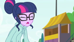 Size: 3410x1920 | Tagged: safe, imported from derpibooru, screencap, sci-twi, twilight sparkle, equestria girls, equestria girls series, stressed in show, stressed in show: rainbow dash, spoiler:eqg series (season 2), clothes, eyes closed, female, glasses, high res, jacket, open mouth, ponytail, running, solo