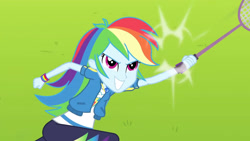 Size: 3410x1920 | Tagged: safe, imported from derpibooru, screencap, rainbow dash, equestria girls, equestria girls series, stressed in show, stressed in show: rainbow dash, spoiler:eqg series (season 2), canterlot high, clothes, cutie mark, cutie mark on clothes, female, geode of super speed, grin, high res, hoodie, jewelry, magical geodes, necklace, racket, smiling, solo