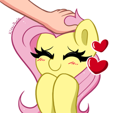 Size: 2550x2255 | Tagged: safe, artist:kittyrosie, imported from derpibooru, fluttershy, human, pegasus, pony, blushing, cute, daaaaaaaaaaaw, eyes closed, floating heart, hand, heart, high res, human on pony petting, petting, shyabetes, simple background, solo focus, sweet dreams fuel, weapons-grade cute, white background