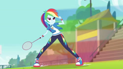 Size: 3410x1920 | Tagged: safe, imported from derpibooru, screencap, rainbow dash, equestria girls, equestria girls series, stressed in show, stressed in show: rainbow dash, spoiler:eqg series (season 2), clothes, cutie mark, cutie mark on clothes, female, geode of super speed, high res, hoodie, jewelry, magical geodes, necklace, racket, rainbow trail, shoes, smiling, sneakers, solo