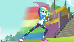 Size: 3410x1920 | Tagged: safe, imported from derpibooru, screencap, rainbow dash, equestria girls, equestria girls series, stressed in show, stressed in show: rainbow dash, spoiler:eqg series (season 2), clothes, cutie mark, cutie mark on clothes, female, high res, hoodie, jewelry, racket, rainbow trail, shoes, smiling, sneakers, solo