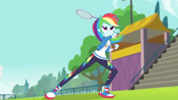 Size: 3410x1920 | Tagged: safe, imported from derpibooru, screencap, rainbow dash, equestria girls, equestria girls series, stressed in show, stressed in show: rainbow dash, spoiler:eqg series (season 2), clothes, cutie mark, cutie mark on clothes, female, grin, high res, hoodie, jewelry, racket, shoes, smiling, sneakers, solo