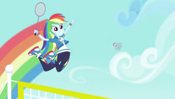 Size: 3410x1920 | Tagged: safe, imported from derpibooru, screencap, rainbow dash, equestria girls, equestria girls series, stressed in show, stressed in show: rainbow dash, spoiler:eqg series (season 2), clothes, cutie mark, cutie mark on clothes, female, geode of super speed, high res, hoodie, jewelry, jumping, magical geodes, necklace, racket, rainbow trail, shoes, smiling, sneakers, solo