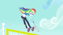 Size: 3410x1920 | Tagged: safe, imported from derpibooru, screencap, rainbow dash, equestria girls, equestria girls series, stressed in show, stressed in show: rainbow dash, spoiler:eqg series (season 2), clothes, cutie mark, cutie mark on clothes, female, high res, hoodie, jewelry, jumping, racket, shoes, smiling, sneakers, solo