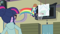 Size: 3410x1920 | Tagged: safe, imported from derpibooru, screencap, rainbow dash, sci-twi, twilight sparkle, equestria girls, equestria girls series, stressed in show, stressed in show: rainbow dash, spoiler:eqg series (season 2), basket, basketball, basketball court, basketball net, clothes, cutie mark, cutie mark on clothes, female, geode of super speed, glasses, high res, hoodie, jewelry, jumping, magical geodes, necklace, open mouth, ponytail, rainbow trail, shoes, sneakers, sports