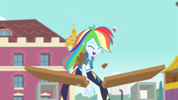 Size: 3410x1920 | Tagged: safe, imported from derpibooru, screencap, rainbow dash, equestria girls, equestria girls series, stressed in show, stressed in show: rainbow dash, spoiler:eqg series (season 2), canterlot high, clothes, cutie mark, cutie mark on clothes, eyes closed, female, geode of super speed, high res, hoodie, jewelry, karate, magical geodes, necklace, open mouth, solo