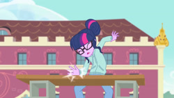 Size: 3410x1920 | Tagged: safe, imported from derpibooru, screencap, sci-twi, twilight sparkle, equestria girls, equestria girls series, stressed in show, stressed in show: rainbow dash, spoiler:eqg series (season 2), canterlot high, eyes closed, female, glasses, high res, karate, open mouth, ponytail, solo