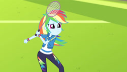 Size: 3410x1920 | Tagged: safe, imported from derpibooru, screencap, rainbow dash, equestria girls, equestria girls series, stressed in show, stressed in show: rainbow dash, spoiler:eqg series (season 2), clothes, cutie mark, cutie mark on clothes, female, geode of super speed, high res, hoodie, jewelry, magical geodes, necklace, racket, smiling, solo