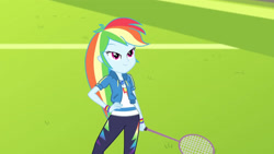 Size: 3410x1920 | Tagged: safe, imported from derpibooru, screencap, rainbow dash, equestria girls, equestria girls series, stressed in show, stressed in show: rainbow dash, spoiler:eqg series (season 2), clothes, cutie mark, cutie mark on clothes, female, geode of super speed, hand on hip, high res, hoodie, jewelry, magical geodes, necklace, racket, smiling, solo