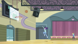 Size: 3410x1920 | Tagged: safe, imported from derpibooru, screencap, rainbow dash, sci-twi, twilight sparkle, equestria girls, equestria girls series, stressed in show, stressed in show: rainbow dash, spoiler:eqg series (season 2), basket, basketball, basketball court, basketball net, clothes, cutie mark, cutie mark on clothes, female, geode of super speed, glasses, high res, hoodie, jewelry, magical geodes, necklace, ponytail, shoes, smiling, sneakers, sports