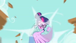 Size: 3410x1920 | Tagged: safe, imported from derpibooru, screencap, sci-twi, twilight sparkle, equestria girls, equestria girls series, stressed in show, stressed in show: rainbow dash, spoiler:eqg series (season 2), clothes, eyes closed, female, glasses, high res, jacket, karate, open mouth, ponytail, solo