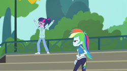 Size: 3410x1920 | Tagged: safe, imported from derpibooru, screencap, rainbow dash, sci-twi, twilight sparkle, equestria girls, equestria girls series, stressed in show, stressed in show: rainbow dash, spoiler:eqg series (season 2), clothes, cutie mark, cutie mark on clothes, eyes closed, female, geode of super speed, glasses, high res, hoodie, jewelry, magical geodes, necklace, open mouth, ponytail