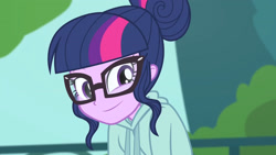 Size: 3410x1920 | Tagged: safe, imported from derpibooru, screencap, sci-twi, twilight sparkle, equestria girls, equestria girls series, stressed in show, stressed in show: rainbow dash, spoiler:eqg series (season 2), clothes, female, glasses, high res, jacket, ponytail, smiling, solo