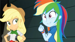 Size: 3410x1920 | Tagged: safe, imported from derpibooru, screencap, applejack, rainbow dash, equestria girls, movie magic, spoiler:eqg specials, applejack's hat, belt, clothes, cowboy hat, cute, cutie mark, cutie mark on clothes, dashabetes, female, geode of super speed, hand on hip, hat, high res, jewelry, magical geodes, necklace, smiling