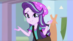 Size: 3410x1920 | Tagged: safe, imported from derpibooru, screencap, starlight glimmer, equestria girls, mirror magic, spoiler:eqg specials, bag, beanie, clothes, female, hat, looking at you, offscreen character, pov, shirt, shrug, smiling, solo, vest, watch, wristwatch