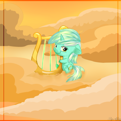Size: 1500x1500 | Tagged: safe, artist:gnidagovnida, imported from derpibooru, lyra heartstrings, pony, unicorn, chibi, cloud, floppy ears, lyre, musical instrument, solo