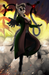 Size: 2845x4302 | Tagged: source needed, safe, artist:uzepka, imported from derpibooru, octavia melody, anthro, earth pony, plantigrade anthro, big breasts, breasts, busty octavia melody, clothes, crossover, doctor octavia, doctor octopus, explosion, female, fire, marvel, robotic arm, smiling, smoke, solo, spider-man, stupid sexy octavia, sunglasses, tentacles