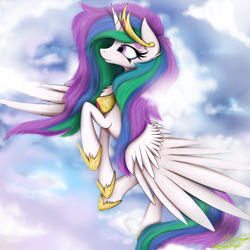 Size: 4000x4000 | Tagged: safe, artist:ser-p, imported from derpibooru, princess celestia, alicorn, pony, absurd resolution, cloud, crown, day, female, females only, flying, hoof shoes, horn, jewelry, mare, outdoors, regalia, sky, smiling, solo, solo female, spread wings, wings