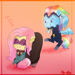 Size: 1500x1500 | Tagged: safe, artist:gnidagovnida, imported from derpibooru, fluttershy, rainbow dash, saddle rager, zapp, pegasus, pony, book, chair, glasses, incoming prank, onomatopoeia, power ponies, sleeping, sleeping while sitting, sneaking, sound effects, zzz