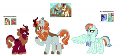 Size: 1024x456 | Tagged: safe, artist:russmindjk, imported from derpibooru, autumn blaze, big macintosh, rainbow blaze, rockhoof, zephyr breeze, oc, earth pony, kirin, pegasus, pony, autumntosh, female, gay, interspecies offspring, kirin hybrid, magical gay spawn, male, offspring, parent:autumn blaze, parent:big macintosh, parent:rockhoof, parents:autumntosh, parents:rockblaze, parents:zephyrblaze, rockblaze, shipping, simple background, straight, white background, zephyrblaze