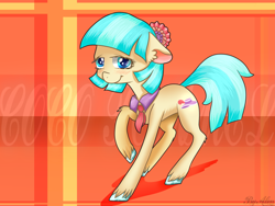 Size: 1500x1125 | Tagged: safe, artist:gnidagovnida, imported from derpibooru, coco pommel, earth pony, pony, abstract background, floppy ears, raised hoof, solo