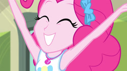 Size: 3410x1920 | Tagged: safe, imported from derpibooru, screencap, pinkie pie, equestria girls, equestria girls series, stressed in show, stressed in show: pinkie pie, spoiler:eqg series (season 2), ^^, armpits, close-up, clothes, cute, cutie mark, cutie mark on clothes, diapinkes, eyes closed, female, geode of sugar bombs, grin, high res, magical geodes, smiling, solo, tanktop