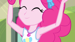 Size: 3410x1920 | Tagged: safe, imported from derpibooru, screencap, pinkie pie, equestria girls, equestria girls series, stressed in show, stressed in show: pinkie pie, spoiler:eqg series (season 2), armpits, close-up, clothes, cute, cutie mark, cutie mark on clothes, diapinkes, eyes closed, female, geode of sugar bombs, high res, magical geodes, smiling, solo, tanktop