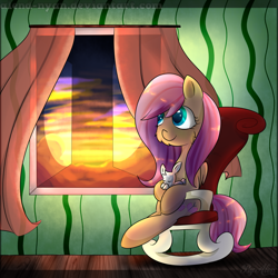 Size: 1700x1700 | Tagged: safe, artist:gnidagovnida, imported from derpibooru, angel bunny, fluttershy, pegasus, pony, rabbit, animal, chair, cheek fluff, duo, female, folded wings, indoors, looking away, looking out the window, mare, rocking chair, sitting, window, wings