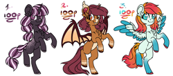 Size: 2320x1021 | Tagged: safe, artist:artfestation, imported from derpibooru, oc, oc only, bat pony, pegasus, pony, unicorn, base used, bat pony oc, bat wings, colored hooves, horn, pegasus oc, rearing, simple background, smiling, two toned wings, unicorn oc, white background, wings