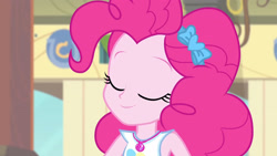 Size: 3410x1920 | Tagged: safe, imported from derpibooru, screencap, pinkie pie, equestria girls, equestria girls series, stressed in show, stressed in show: pinkie pie, spoiler:eqg series (season 2), close-up, clothes, cutie mark, cutie mark on clothes, eyes closed, female, geode of sugar bombs, jewelry, magical geodes, necklace, smiling, solo, tanktop