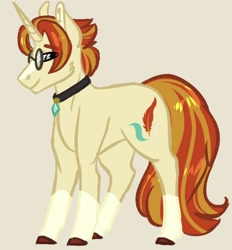 Size: 1154x1242 | Tagged: safe, artist:artfestation, imported from derpibooru, oc, oc only, pony, unicorn, collar, colored hooves, glasses, horn, male, simple background, solo, stallion, unicorn oc, yellow background